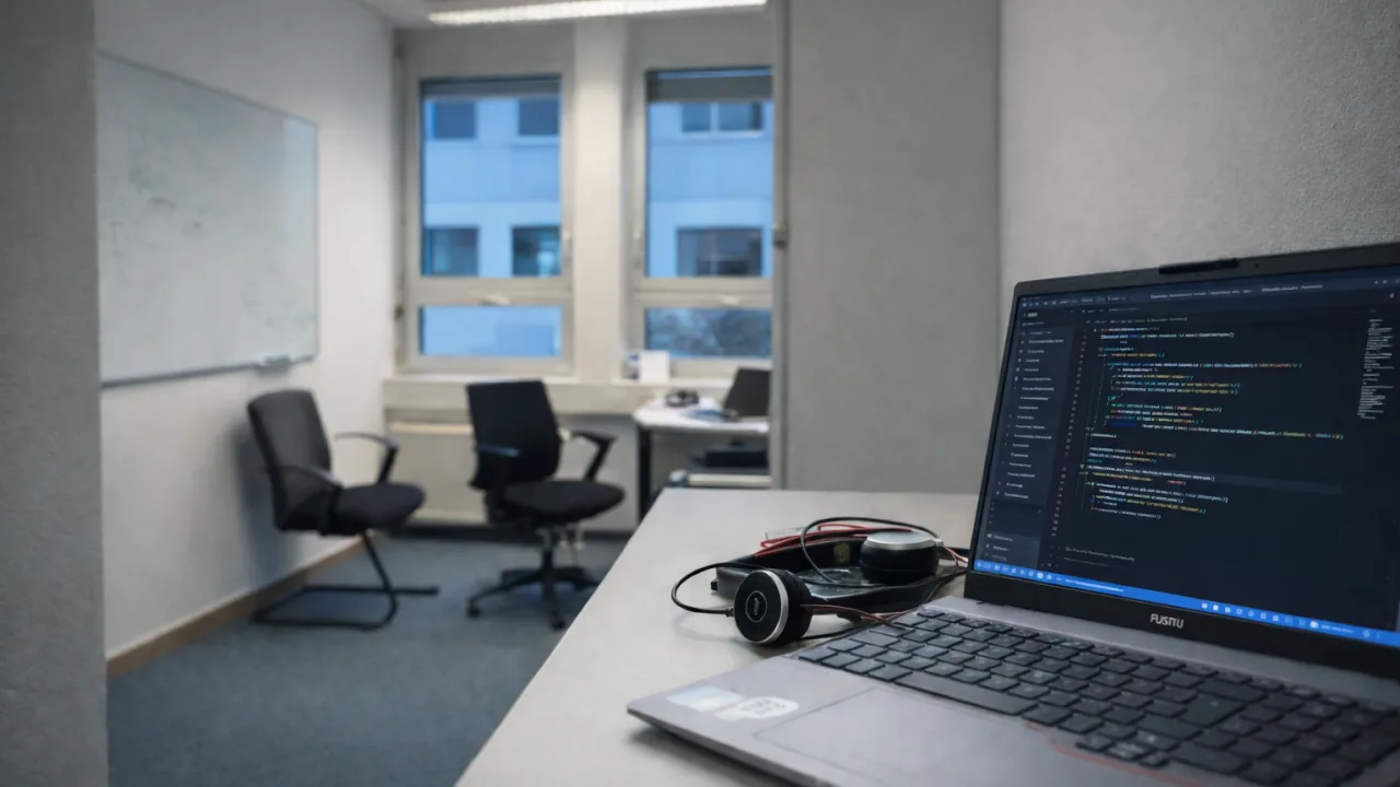 Office desk with a laptop showing code for aviation tooling work.